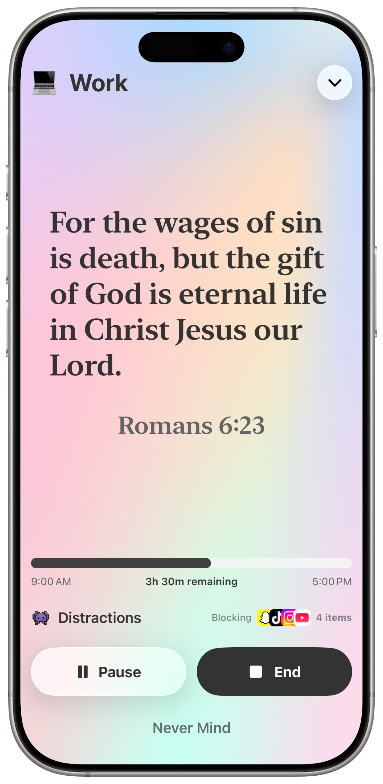 Bible Focus active focus session with scripture and blocking controls.