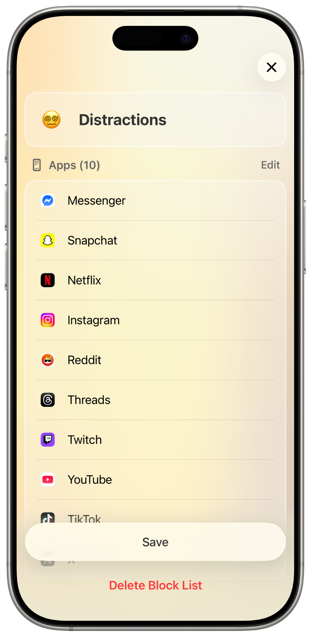 Bible Focus block list screen showing distracting apps selected for blocking.