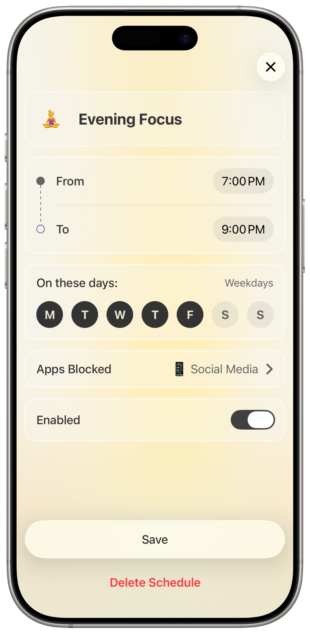 Bible Focus schedule screen for setting a recurring evening focus block.