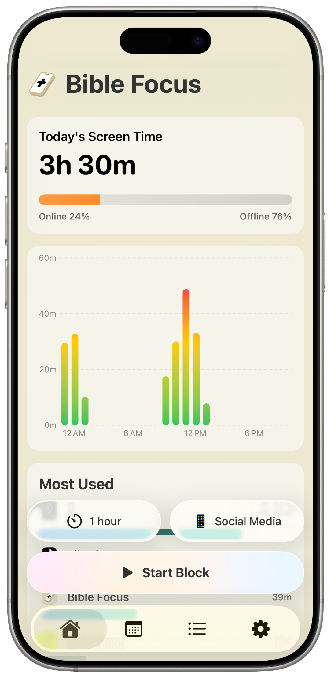Bible Focus screen time dashboard with usage chart and start block button.