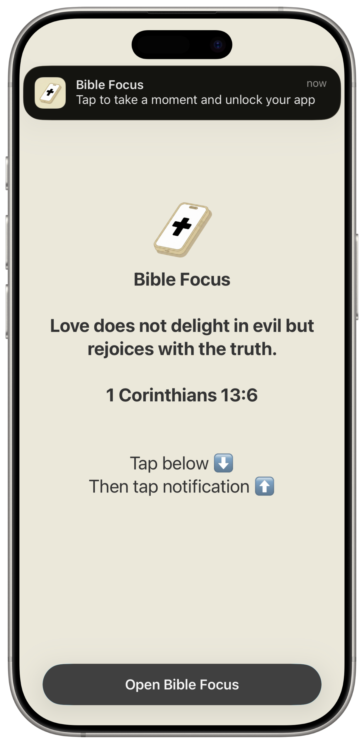 Bible Focus lock screen notification with a verse before opening an app.
